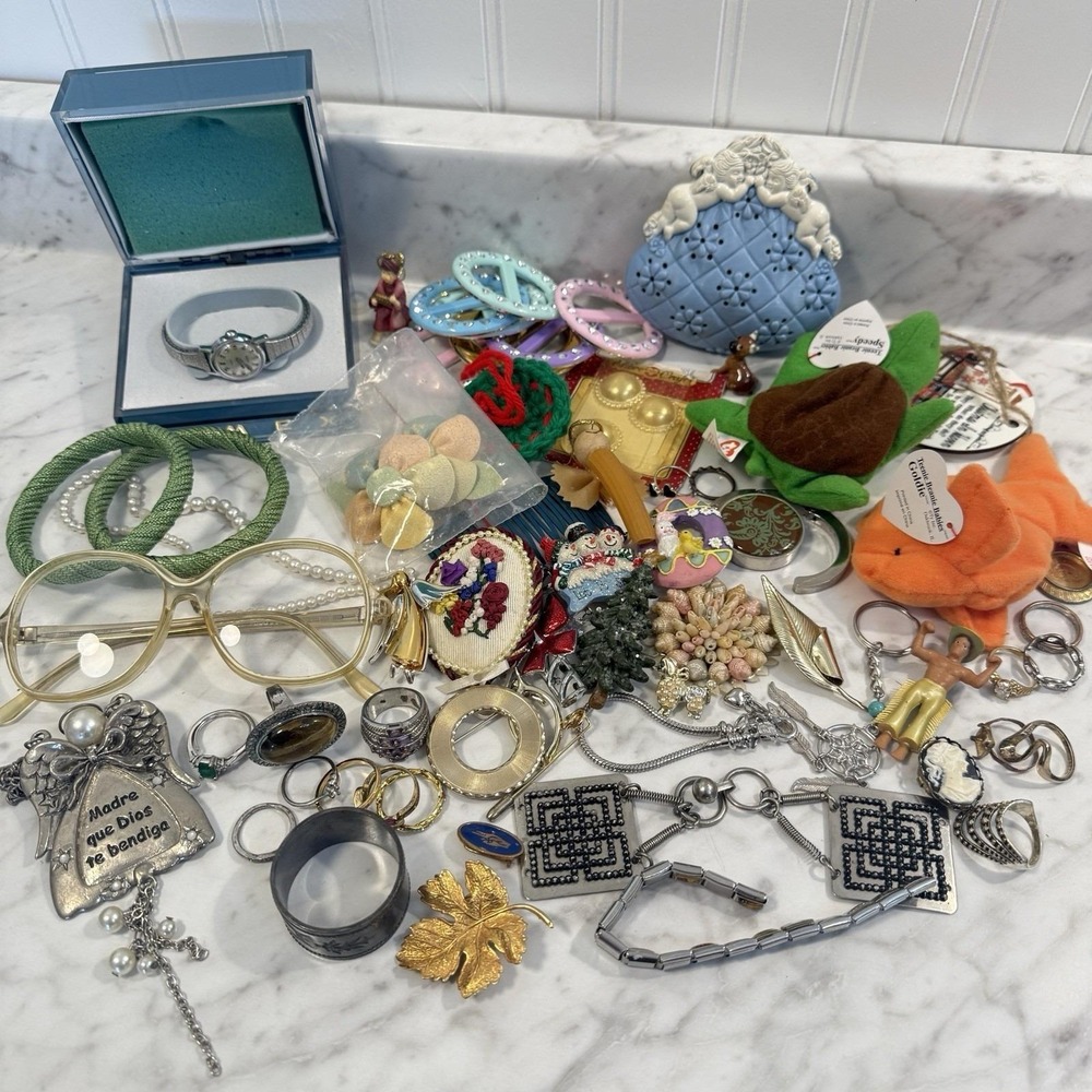 64 pc Grandma's Junk Drawer Lot Collectible Rings Brooch Toys Timex Trinkets